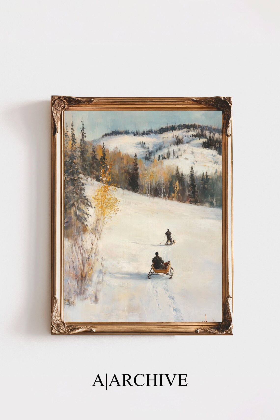Vintage Horse Sleighs Snowy Hills Golden Birch Trees Winter Poster