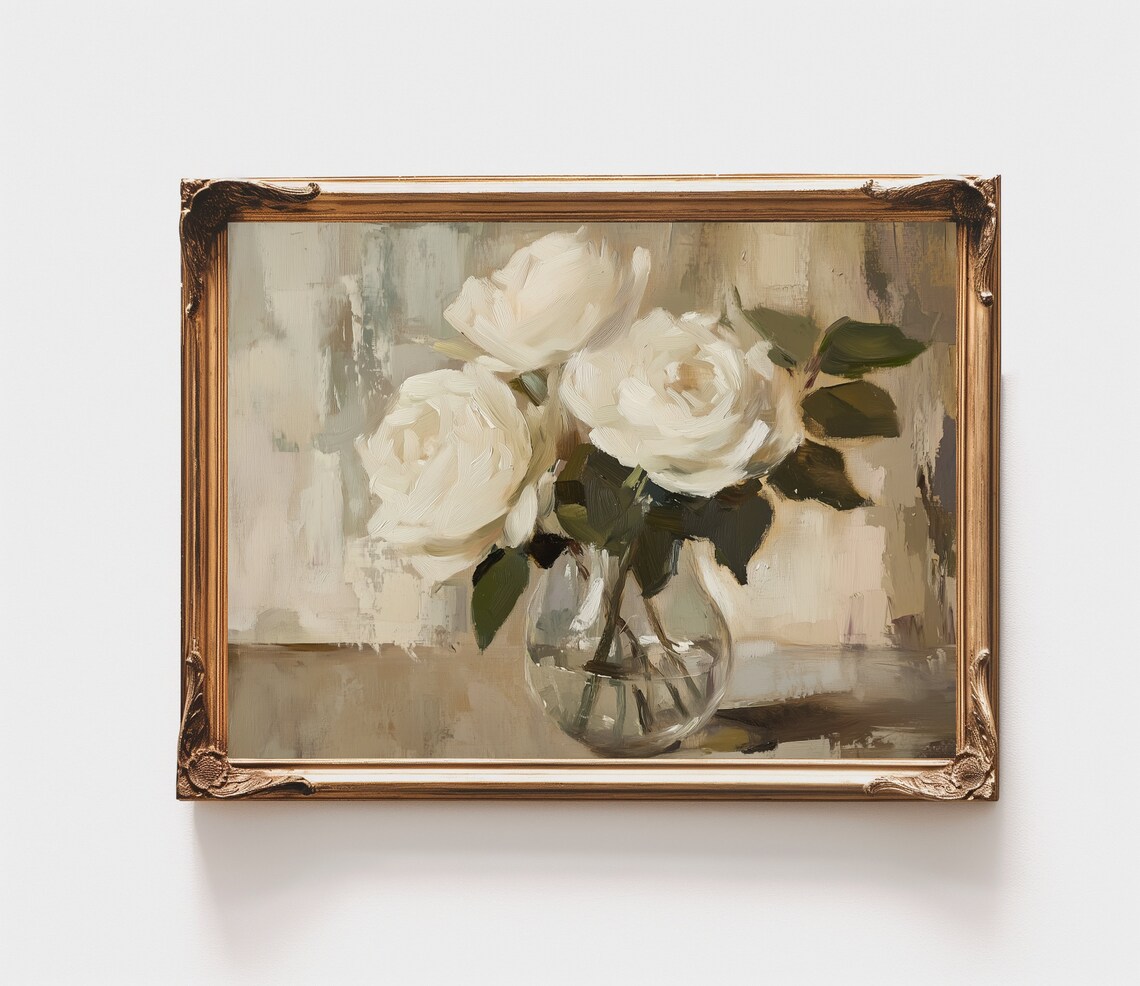 White Roses Glass Vase Muted Floral Still Life Painting Poster - Image 3