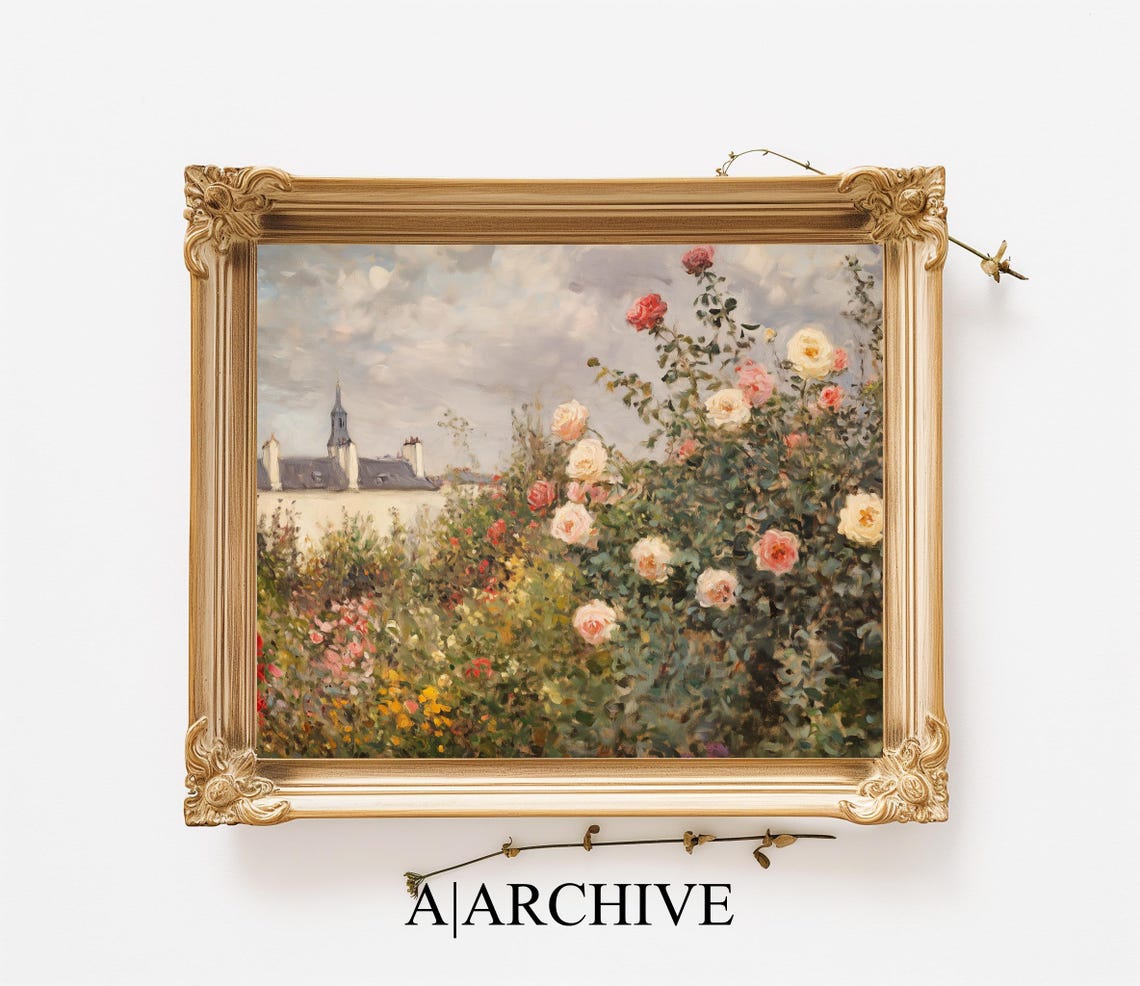 Cream and Red Roses Over Village Rooftops Vintage Art Poster - Image 2