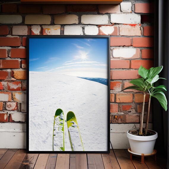Skis on Sunny Snowy Mountain Slope Winter Ski Photography Print