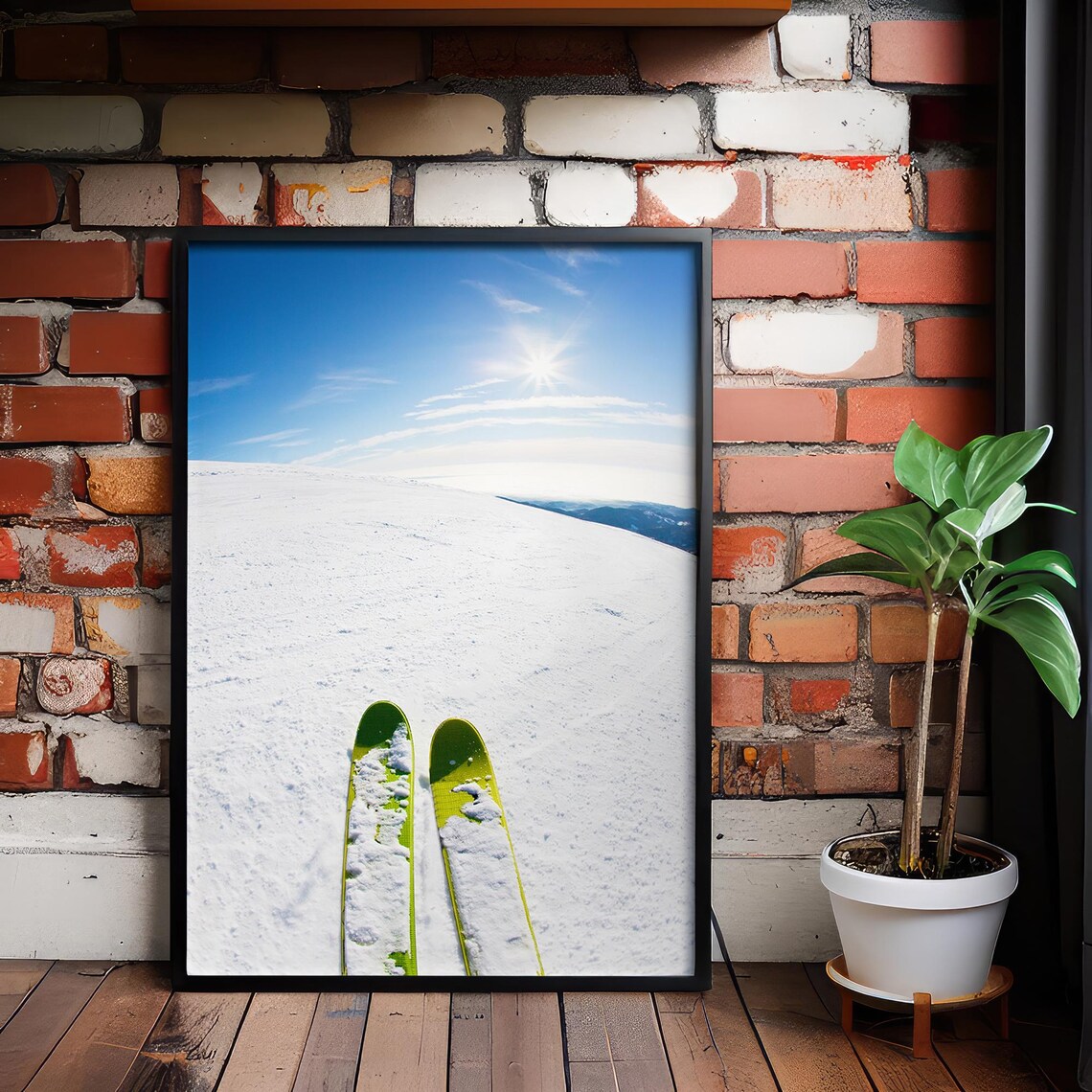Skis on Sunny Snowy Mountain Slope Winter Ski Photography Print