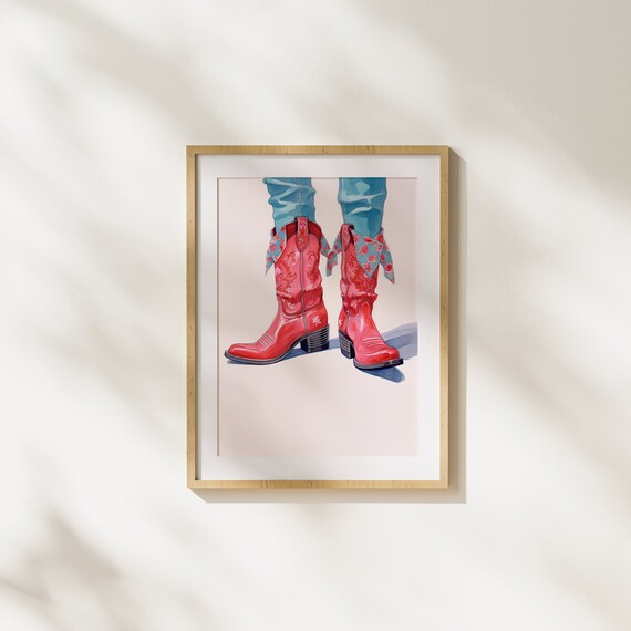 Red Western Cowboy Boots With Floral Cuffs Retro Fashion Art Poster