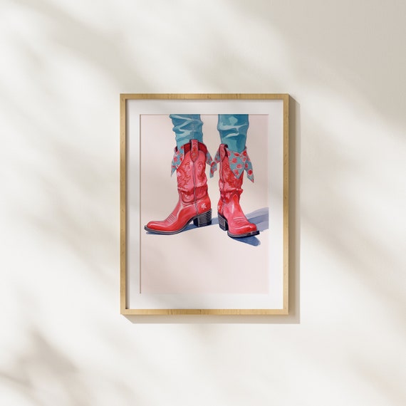 Western Boots Art Retro Style Modern Wall Fashion Pink