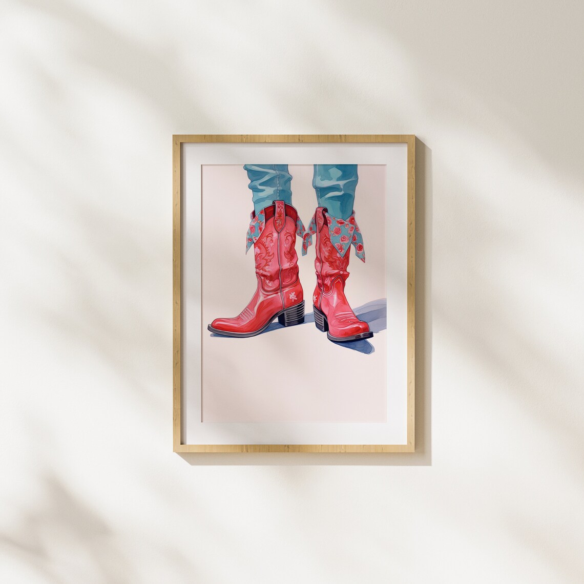 Red Western Cowboy Boots With Floral Cuffs Retro Fashion Art Poster
