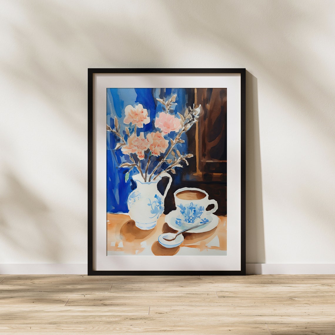 Pink Flowers In Blue Pitcher With Tea Cup Watercolor Still Poster - Image 2