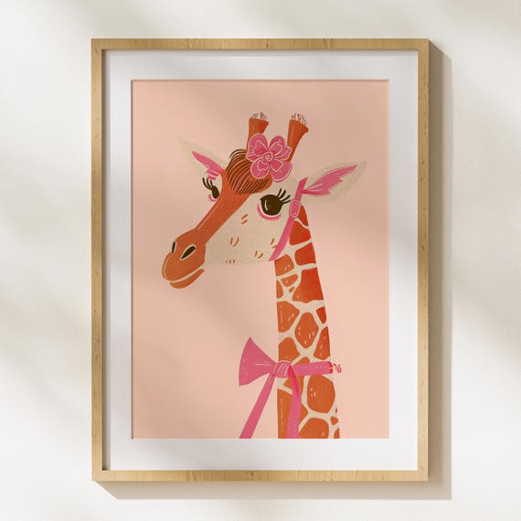 Bow Pink Giraffe Nursery Wall Decor Illustration Animals Fun Modern Art Minimalism Minimal Flowers Nature