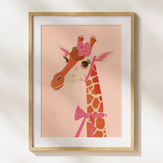 Cute Pink Bow Giraffe Nursery Illustration Sweet Blush Animal Art Poster