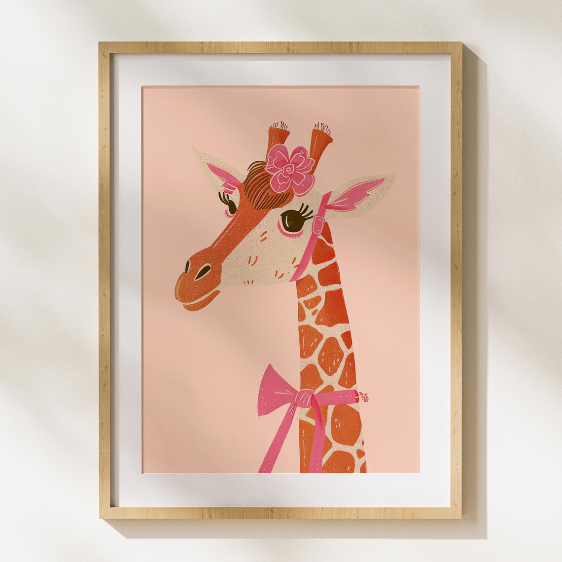 Cute Pink Bow Giraffe Nursery Illustration Sweet Blush Animal Art Poster