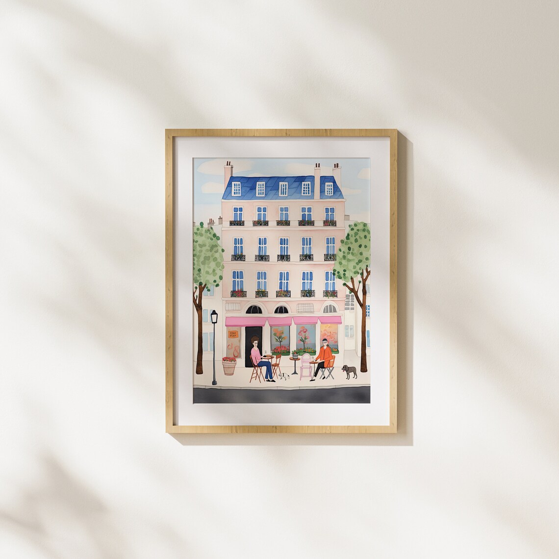 Paris Cafe Terrace Friends and Dog Charming Travel City Art Poster