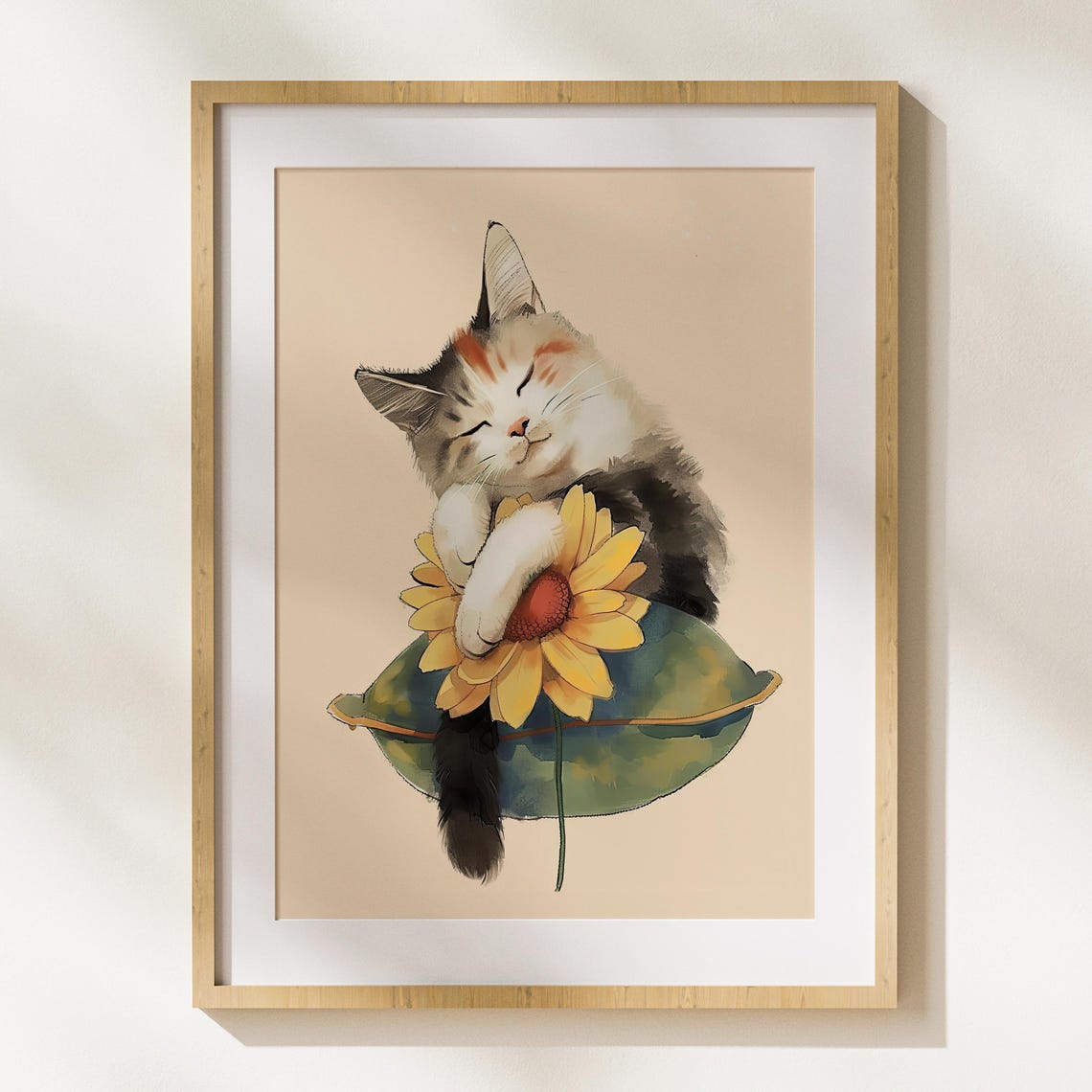 Sleeping Kitten Hugging A Sunflower On A Leaf Watercolor Art Poster