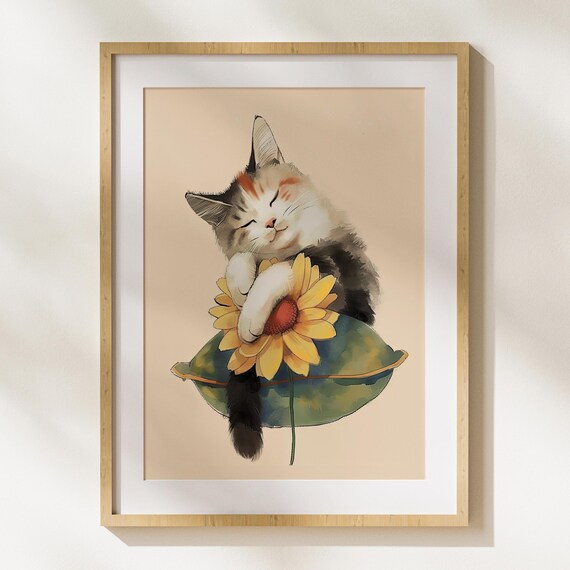 Sleeping Kitten Hugging A Sunflower On A Leaf Watercolor Art Poster