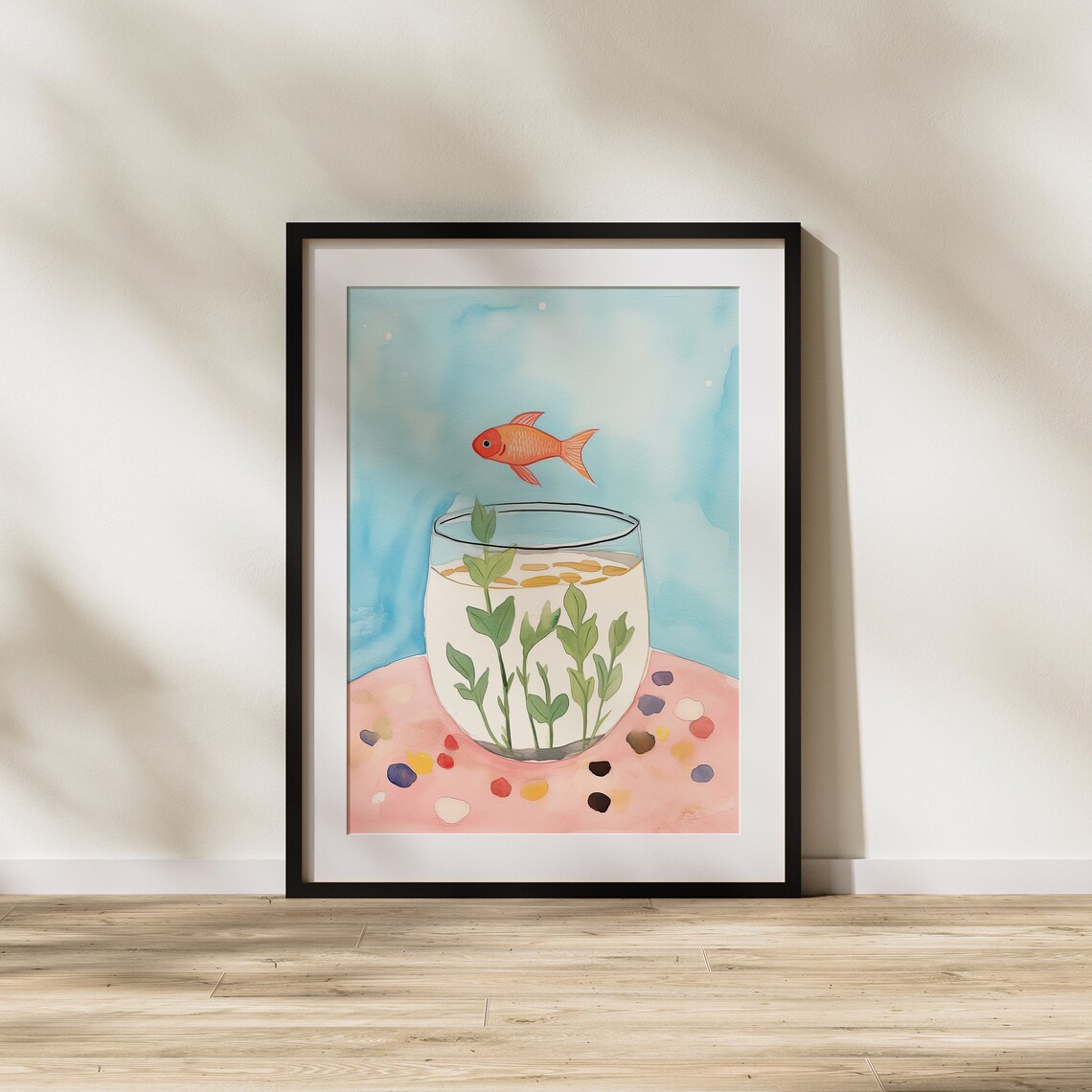 Whimsical Goldfish Leaping Into Glass Of Green Plants Pastel Poster - Image 2