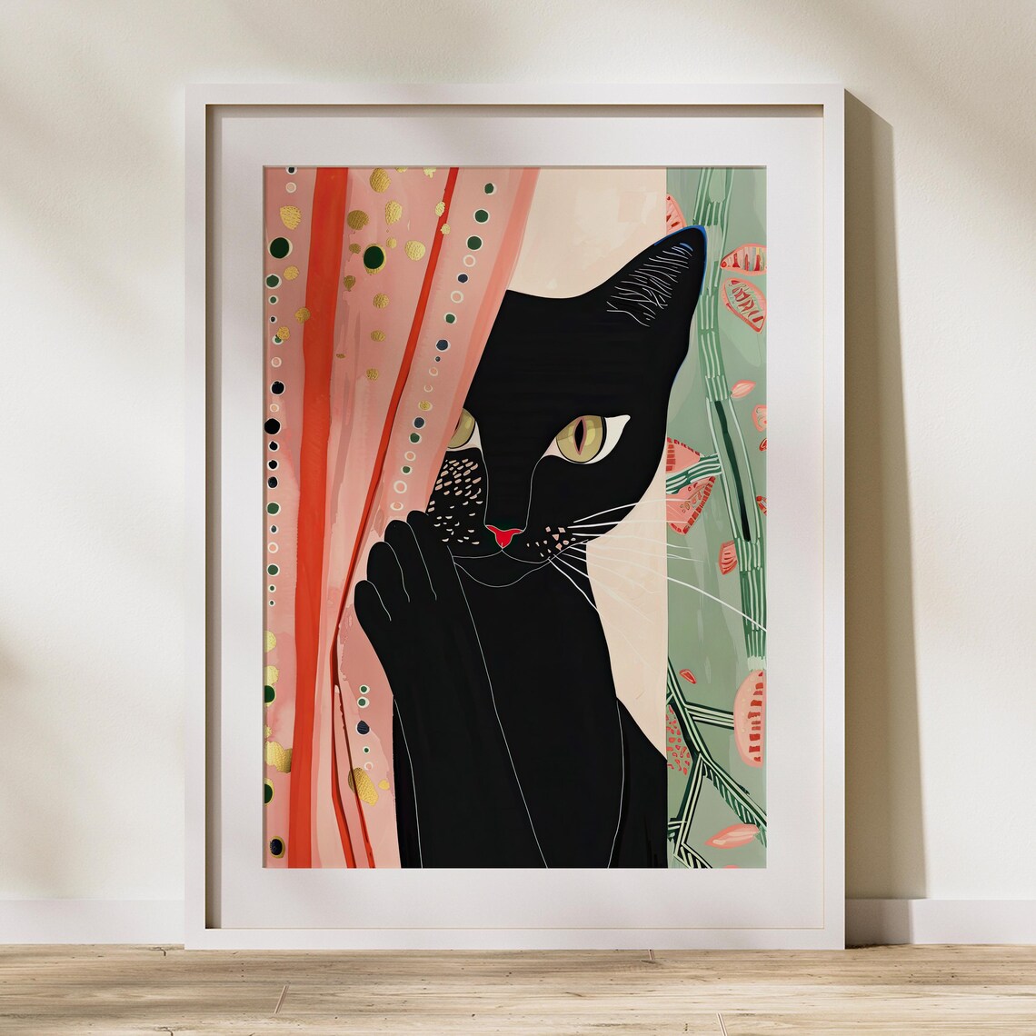 Black Cat Peeking From Curtain Modern Illustration Art Print - Image 3