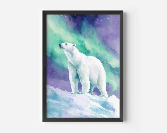 Living Room Animal Poster Scandinavian Art Print Polar Bear Green Aurora Impression Calming Winter Landscape Wall Decor For Childrens Rooms