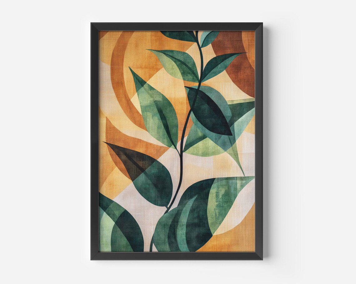 Abstract Botanical Leaves Poster Green Amber Modern Nature Art