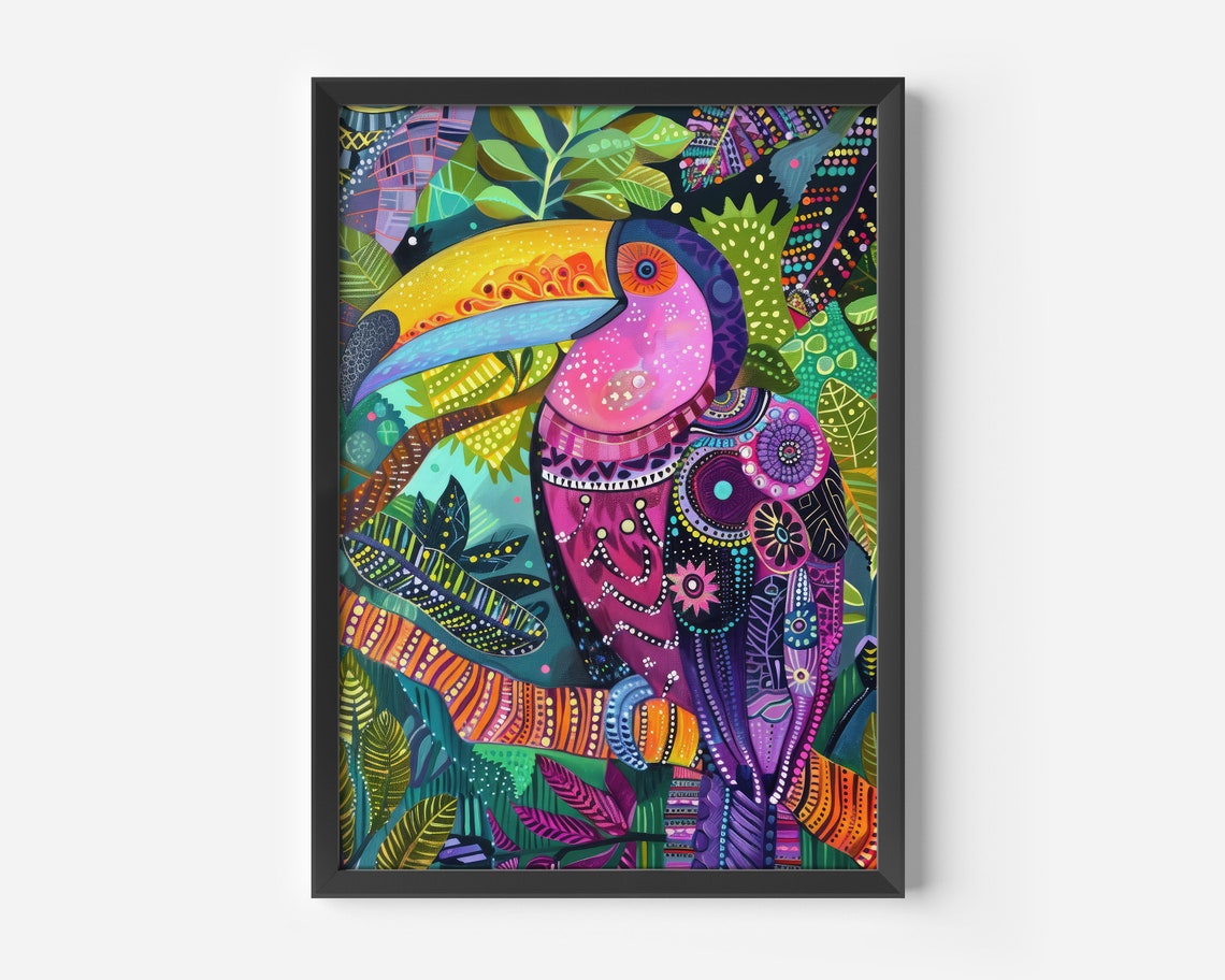 Colorful Patterned Toucan Tropical Jungle Bird Illustration Poster