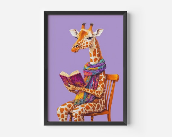 Whimsical Giraffe Reading Book Purple Background Funny Animal Art Poster