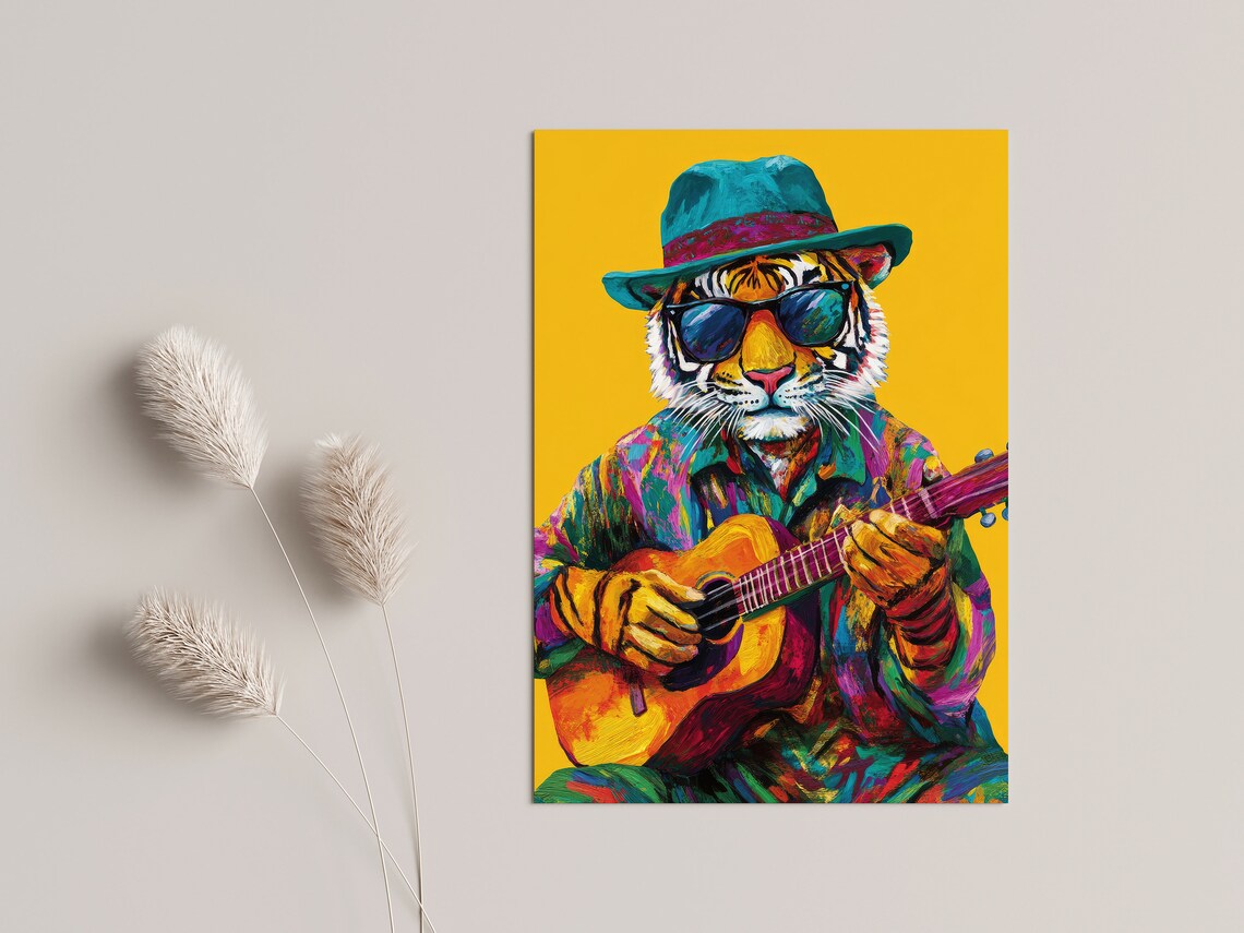 Cool Tiger Guitar Player Pop Art with Hat Sunglasses Yellow Poster