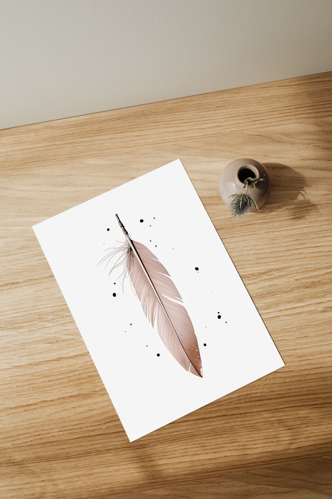 Minimalist Beige Feather Watercolor Ink Dots Boho Style Art Poster