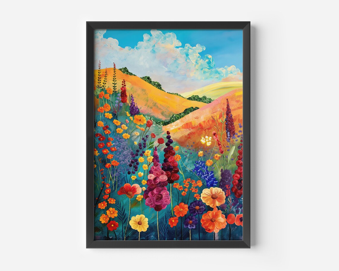 Cheerful Floral Landscape Art Print, Modern Nature