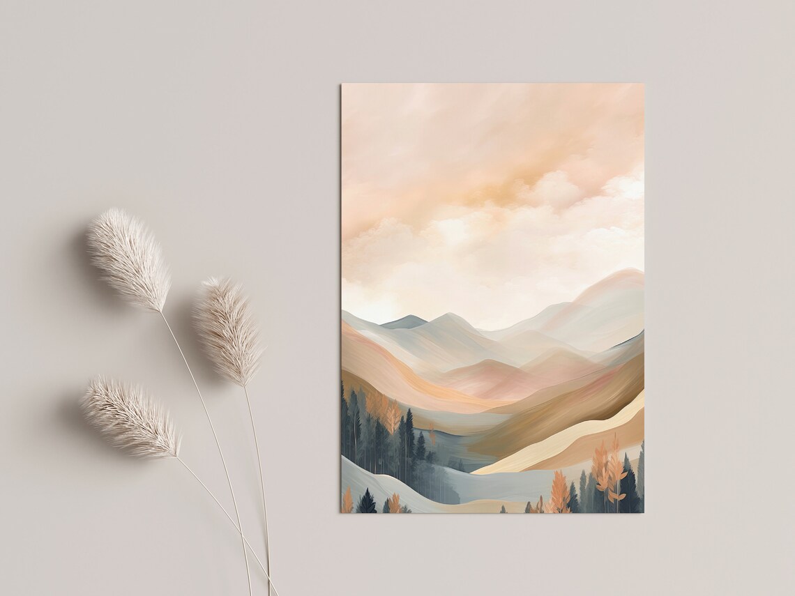 Boho Mountain Landscape Art Print, Pastel Nature Decor