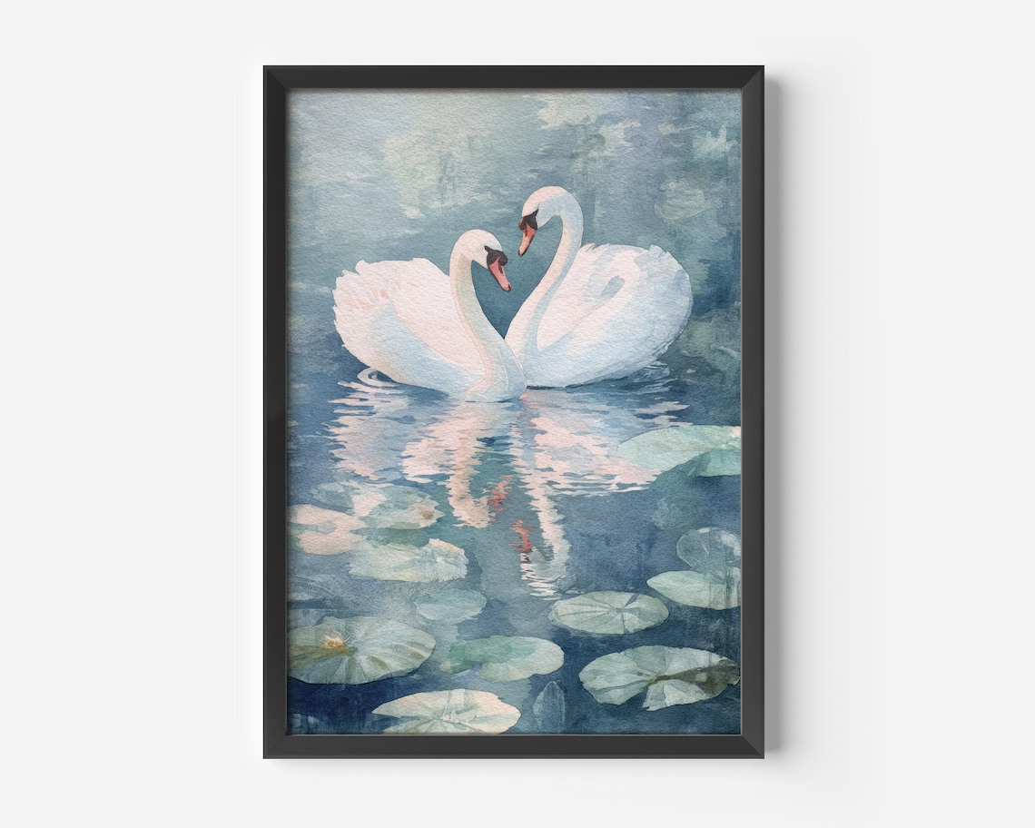 Blue Swans Watercolor Poster, Romantic Decor