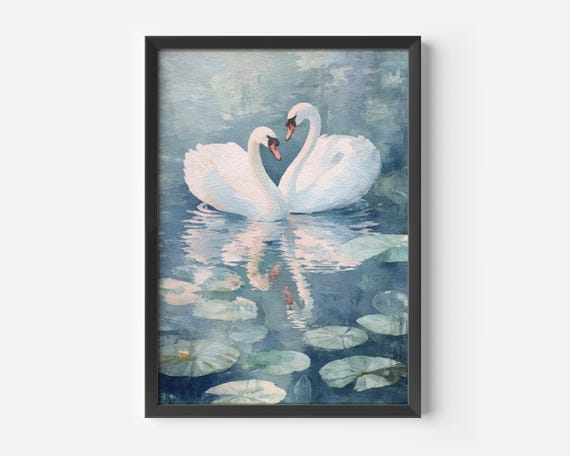 Blue Swans Watercolor Poster, Romantic Decor