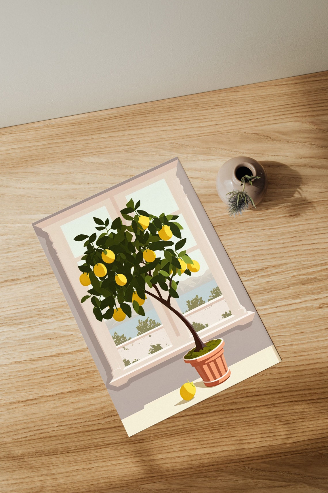 Potted Lemon Tree by a Sunny Window Mediterranean Illustration Poster