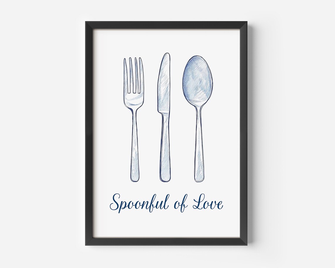 Spoonful of Love Fork Knife Spoon Kitchen Sketch Art Poster Blue