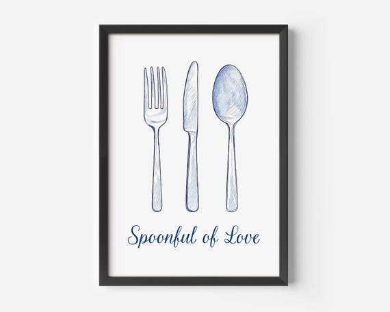 Modern Kitchen Dining Room Picture Vintage Cutlery Illustration Blue And White Poster With Love Lettering Scandi Minimal Decoration