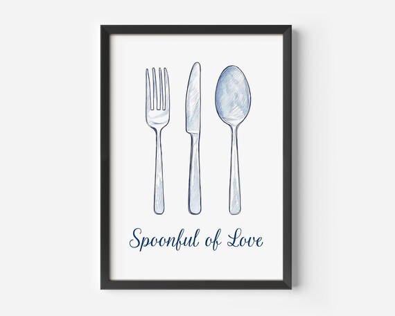 Spoonful of Love Fork Knife Spoon Kitchen Sketch Art Poster Blue