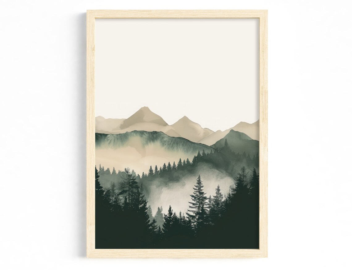 Misty Forest Mountain Watercolor Minimalist Beige Nature Poster