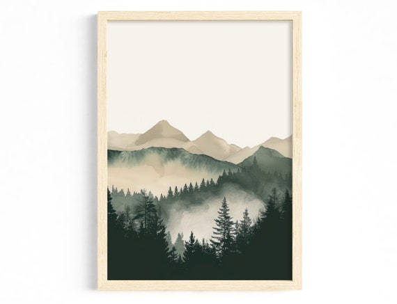 Living Room Wall Art Scandi Forest In Fog Landscape Poster Green Beige Nature Illustration Mountains Calm Prints Bedroom Office