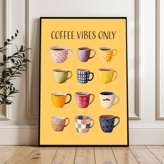 Scandi Kitchen Wall Decor Pastel Coffee Cup Art Motif Colorful Illustration Vintage Lover Gift