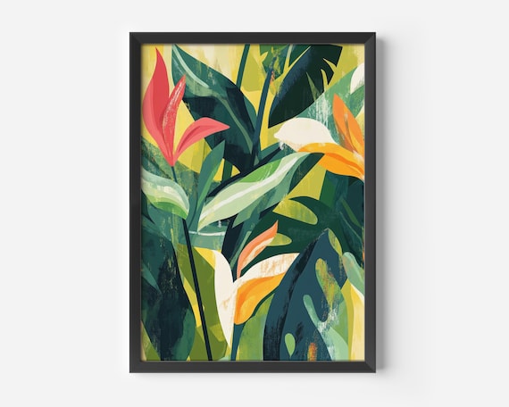 Abstract Jungle Poster Tropical Leaves Illustration Modern Botanical Wall Decor Colorful Plant Picture Urban Art Print