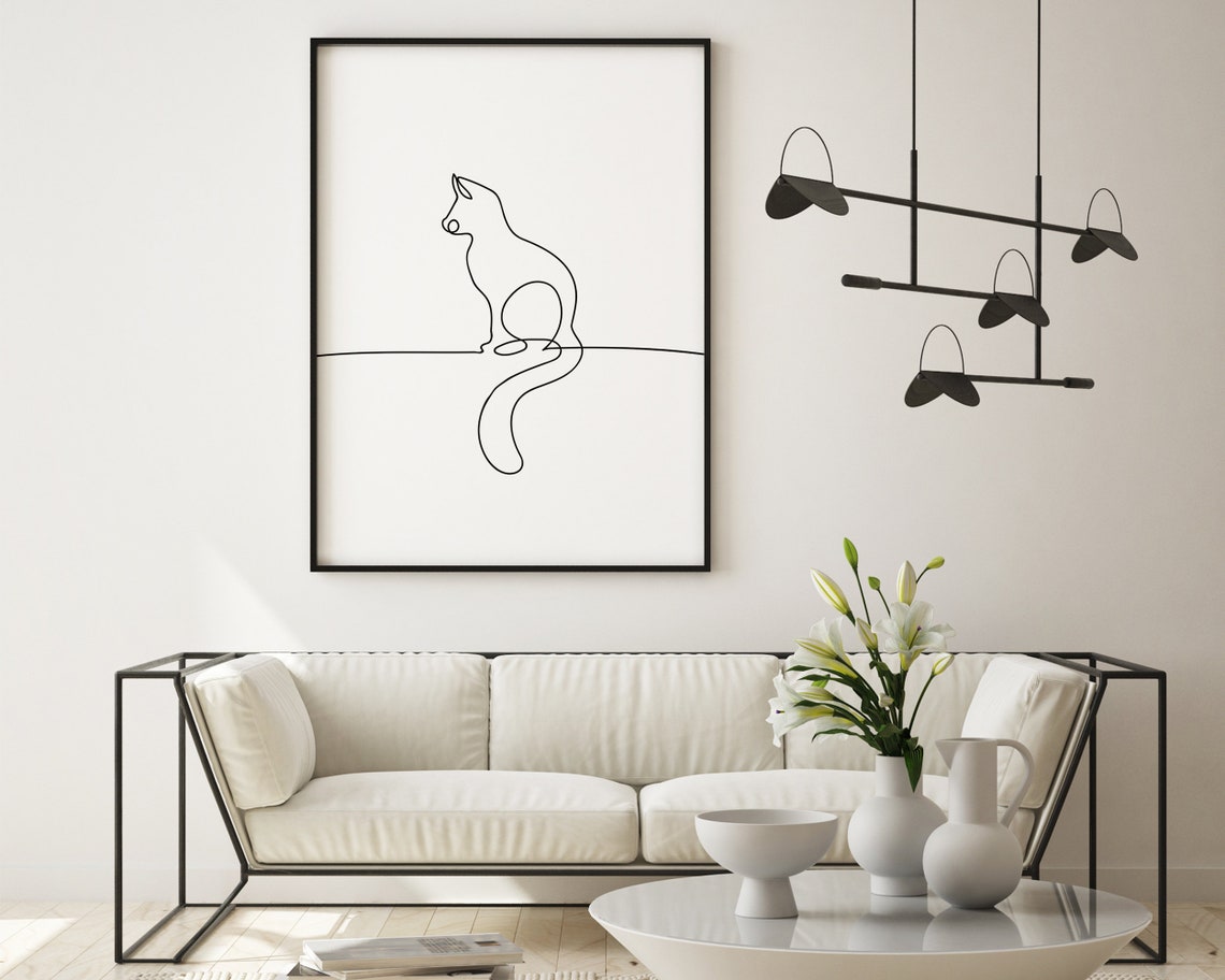 Sitting Cat Continuous Line Drawing Minimalist Feline Modern Poster