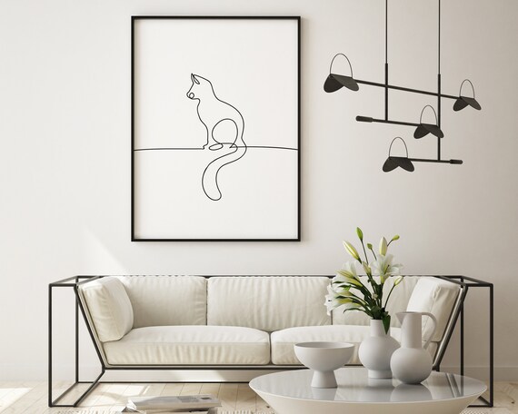 Sitting Cat Continuous Line Drawing Minimalist Feline Modern Poster