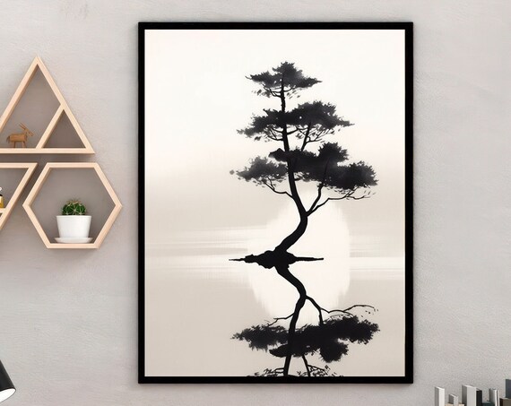 Japanese Pine Tree Reflection Black Ink Minimalist Zen Wall Poster