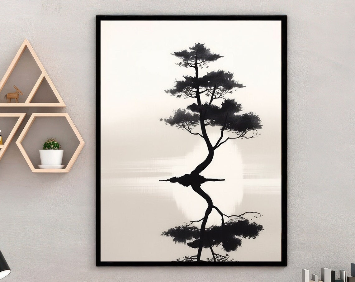 Japanese Pine Tree Reflection Black Ink Minimalist Zen Wall Poster