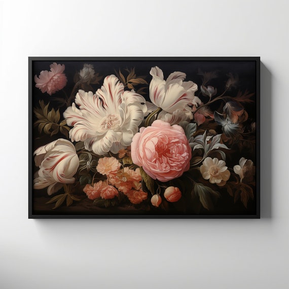 Moody Floral Print Peony Still Life Painting Vintage Dark Academia Wall Art Living Room Decor Flowers Romantic Bedroom Artwork