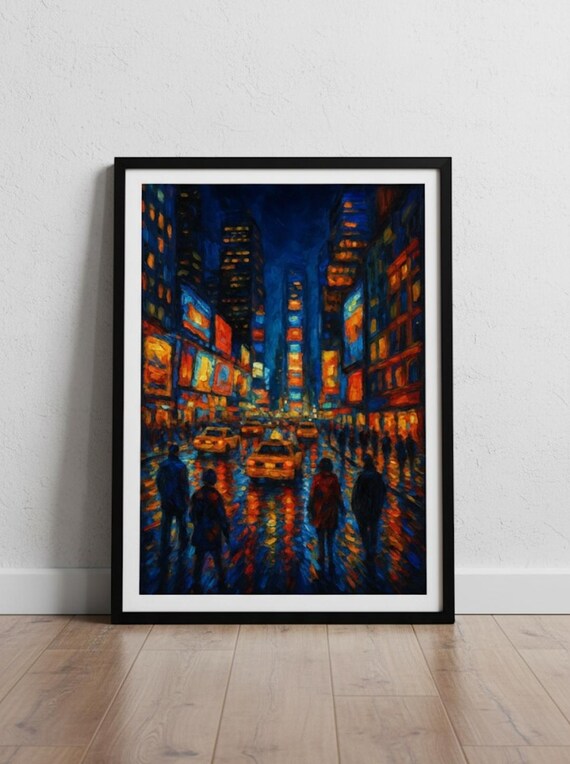 New York City Night Street Yellow Taxis Rain Impressionist Poster