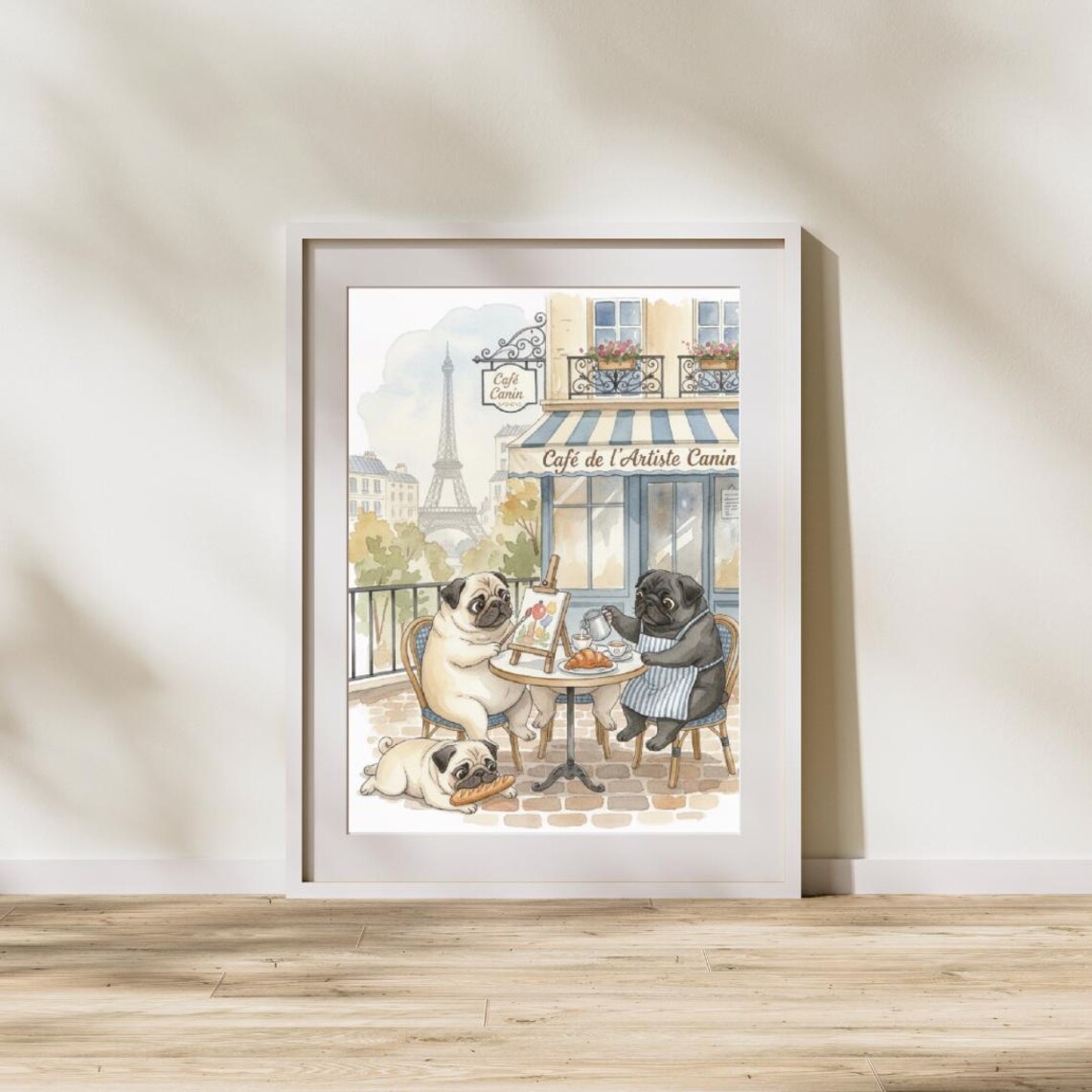 Pugs Painting at Paris Cafe Watercolor Cute Dog Artist Poster