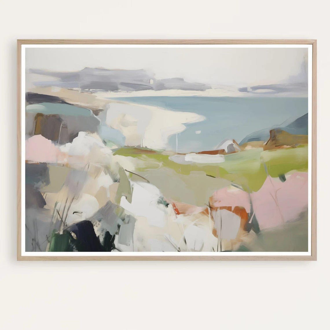 Large Abstract Coastal Scene Muted Bay Green Pink Waters Wall Art