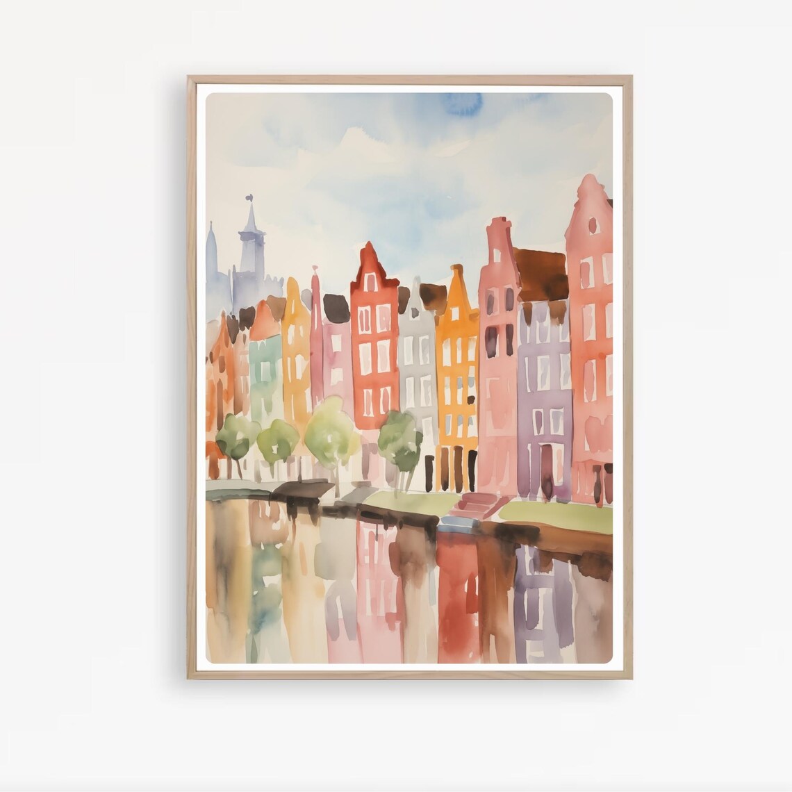 Amsterdam Canal Watercolor Colorful Dutch Houses Reflection Poster - Image 4