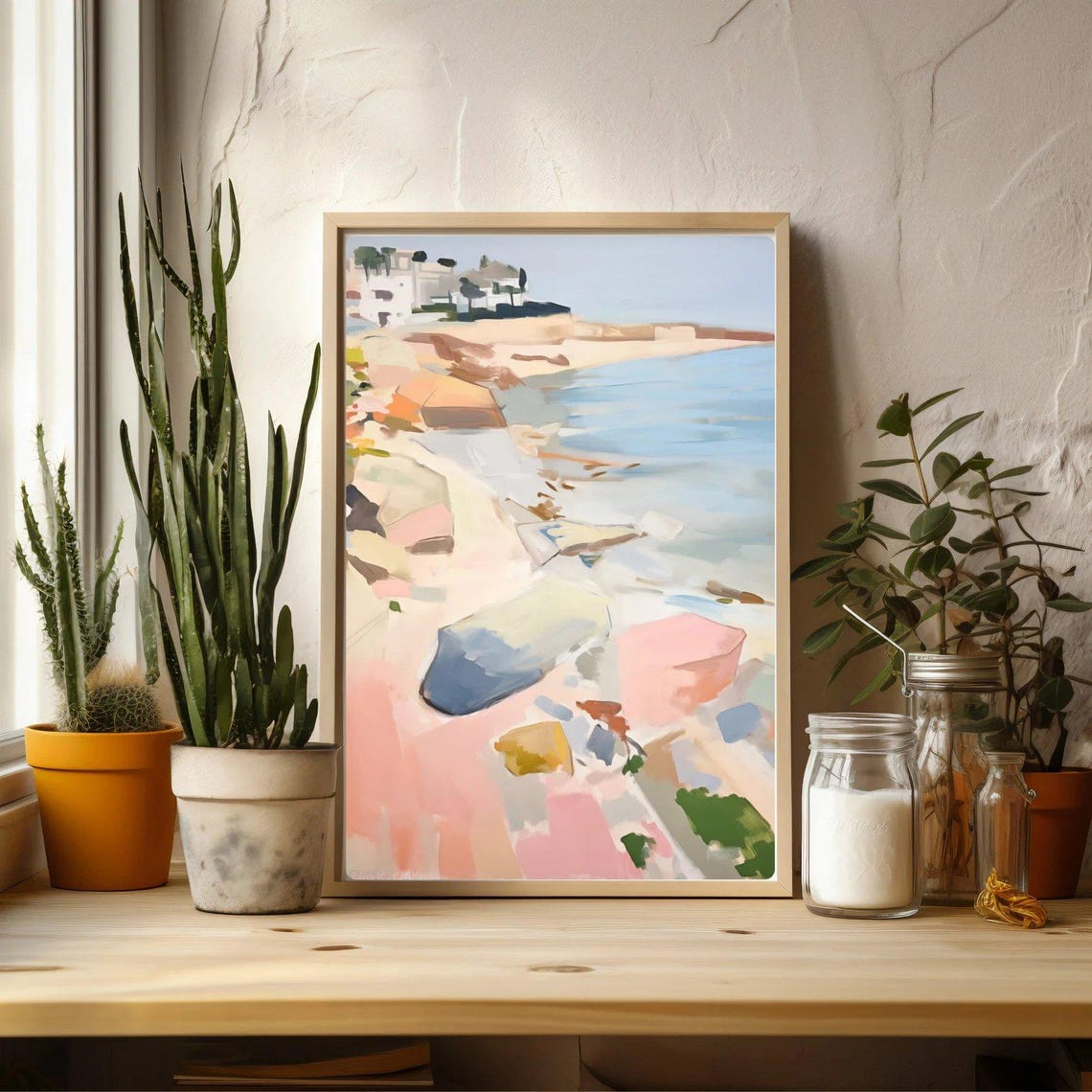 Coastal Abstract Landscape Rocky Beach Pastel Ocean Waves Poster - Image 2