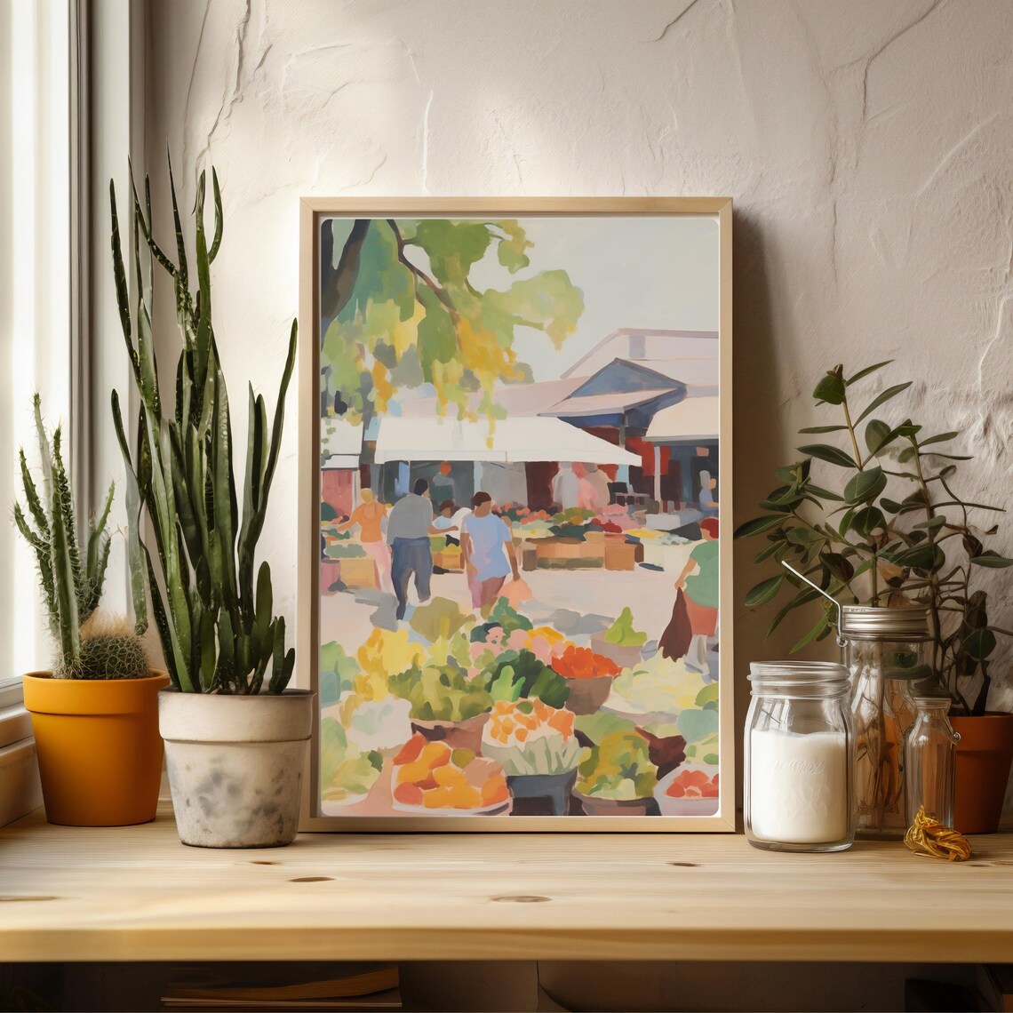 Farmers Market Produce Stalls Watercolor Painting Vibrant Food Poster - Image 3