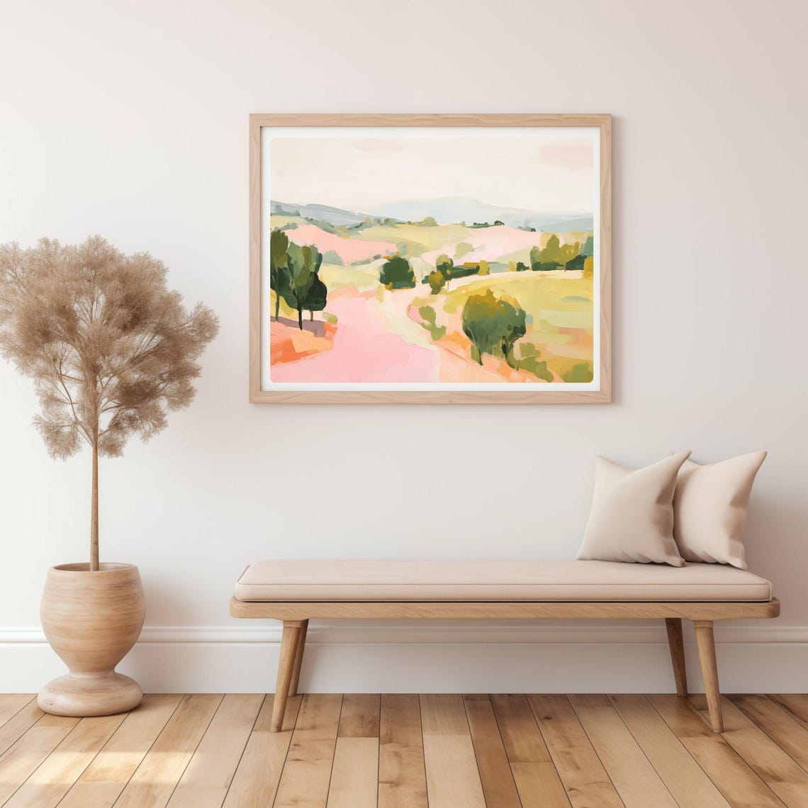 Abstract Pink Landscape Green Trees Rolling Sunlit Hills Wall Art - Image 2