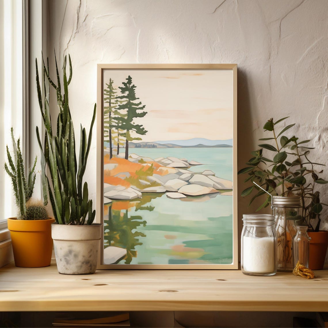 Mountain Lake Painting Pine Trees Rocky Shore Serene Nature Poster - Image 3