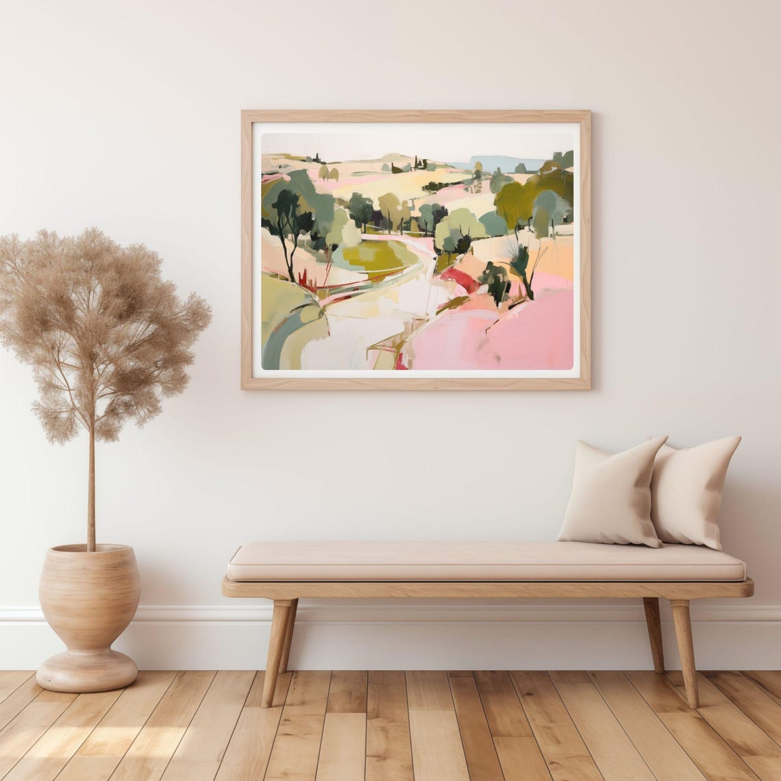 Abstract Landscape Winding Path Trees Pink Olive Meadow Print - Image 3