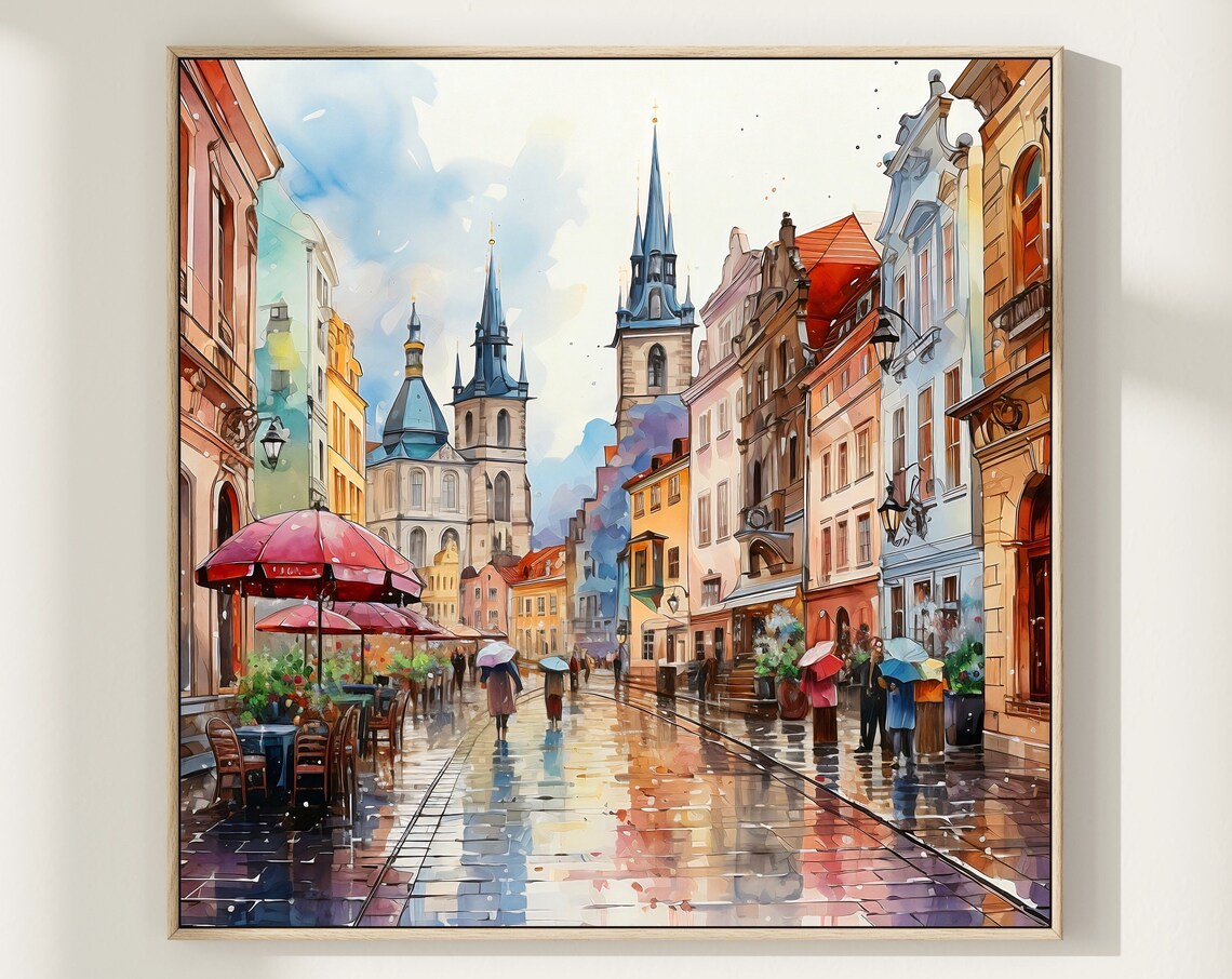 Prague Old Town Watercolor Painting Rainy Cobblestone Street Poster